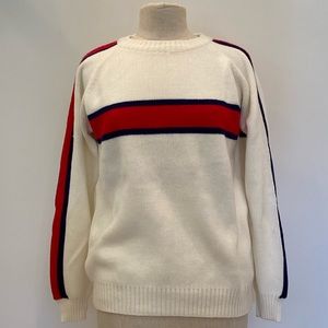 Vintage JC Penny Ski Apparel White Sweater w Red Blue Stripes / Size M